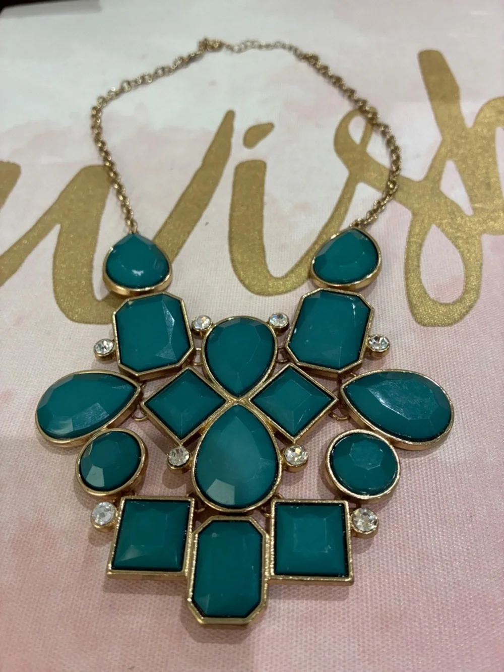 Gold-Trim Teal Statement Necklace - Women Jewelry